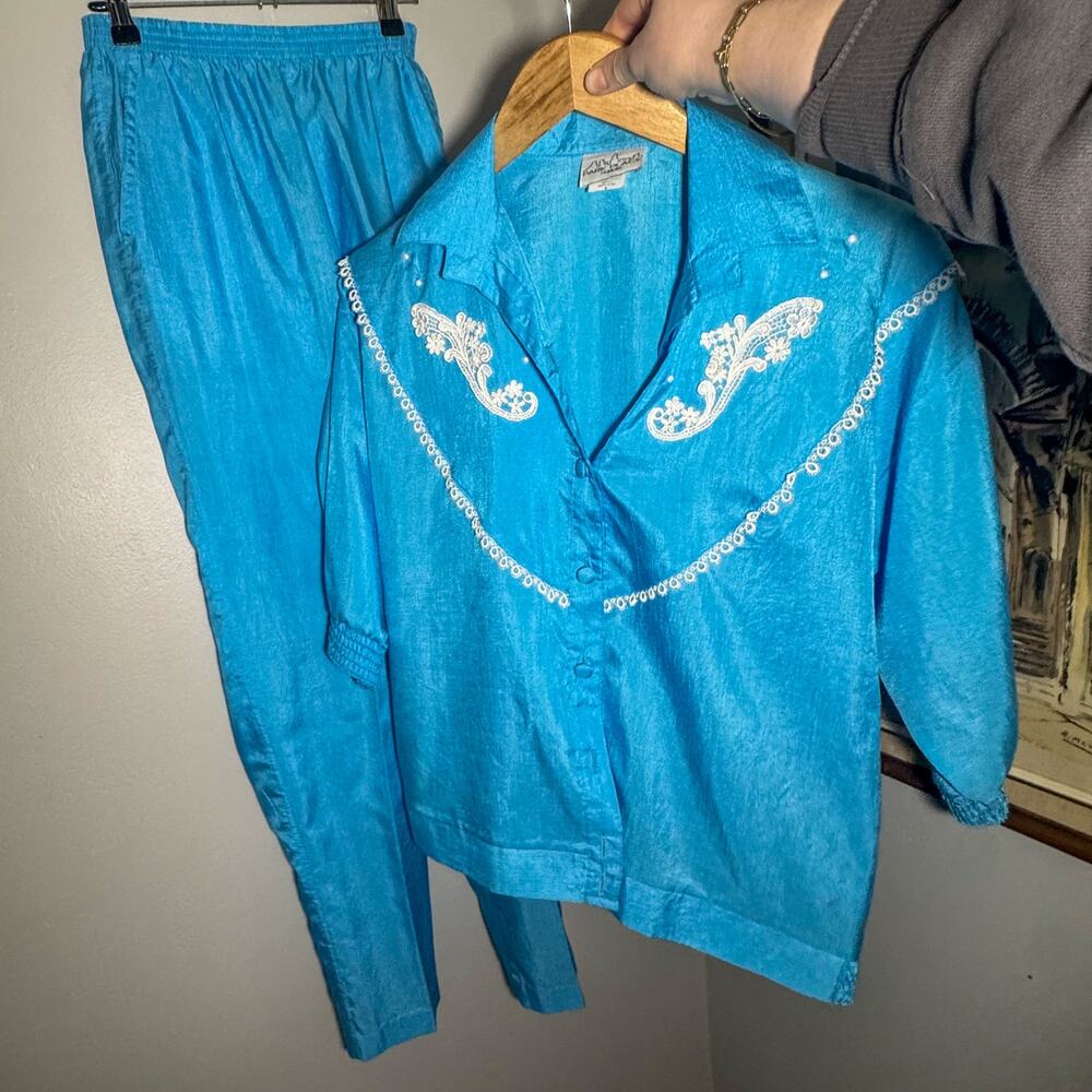 Vtg 90s Turquoise Blue Embroidered Pant Set Tunic Co-ord Cottagecore Petite 14P